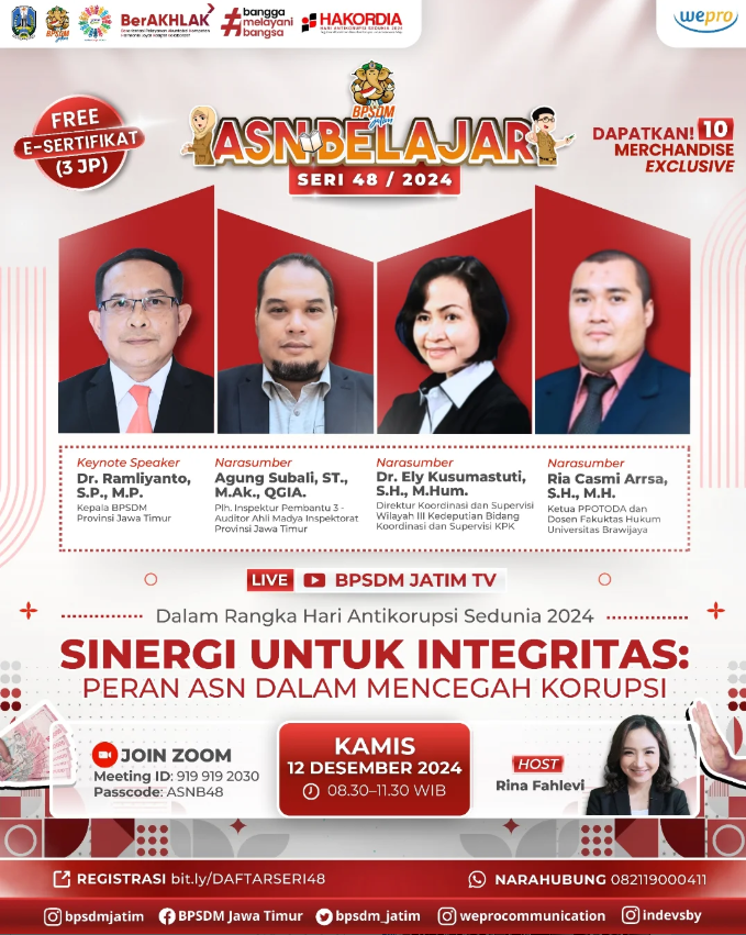 WEBINAR ASN BELAJAR SERI 48 DENGAN TEMA SINERGI UNTUK INTEGRITAS   PERAN ASN DALAM MENCEGAH KORUPSI